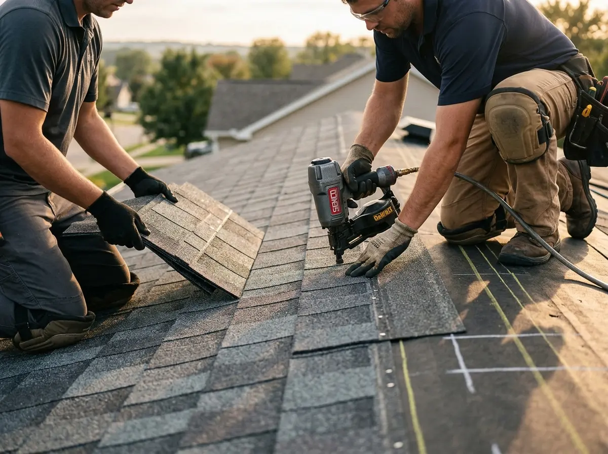 Professional roofer working on a residential roof in Romeoville